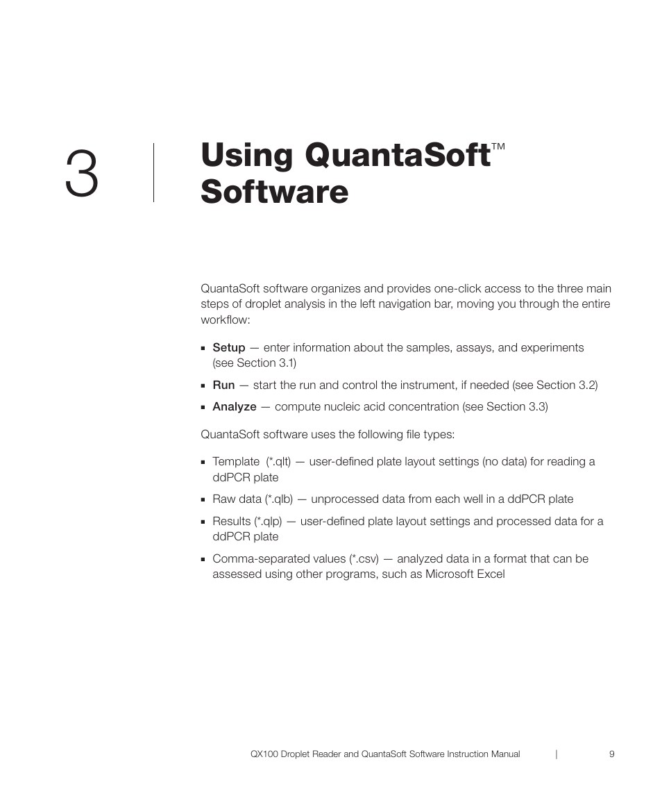 Chapter 3 using quantasoft™ software, R 3 using quantasoft, Software | Using quantasoft | Bio-Rad QX100™ Droplet Digital™ PCR System User Manual | Page 15 / 32