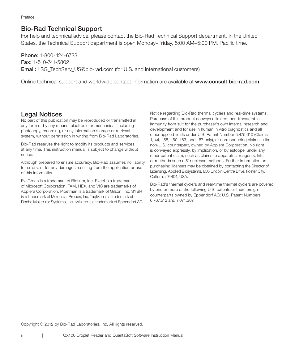 Bio-rad technical support, Legal notices | Bio-Rad QX100™ Droplet Digital™ PCR System User Manual | Page 2 / 32