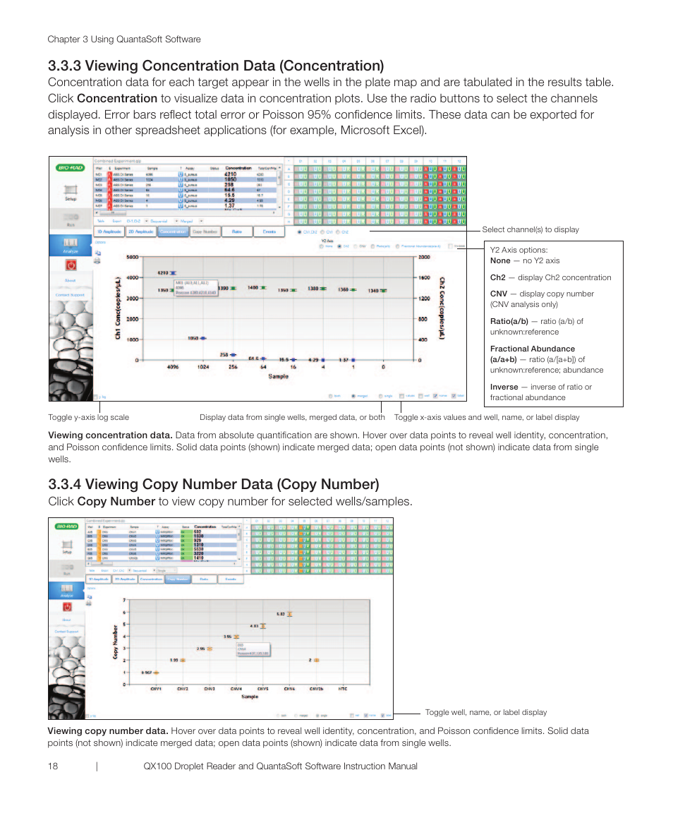 3 viewing concentration data (concentration), 4 viewing copy number data (copy number) | Bio-Rad QX100™ Droplet Digital™ PCR System User Manual | Page 24 / 32