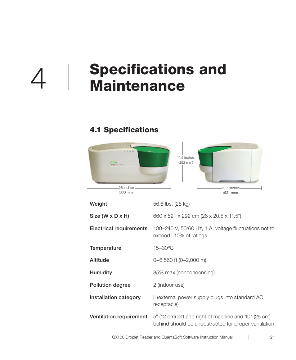 Chapter 4 specifications and maintenance, 1 specifications, R 4 specifications and maintenance | Chapter title here specifications and maintenance | Bio-Rad QX100™ Droplet Digital™ PCR System User Manual | Page 27 / 32