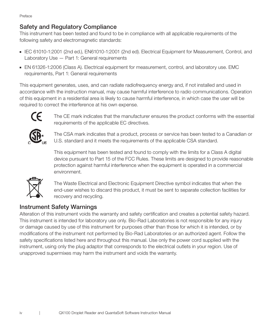 Safety and regulatory compliance, Instrument safety warnings | Bio-Rad QX100™ Droplet Digital™ PCR System User Manual | Page 4 / 32