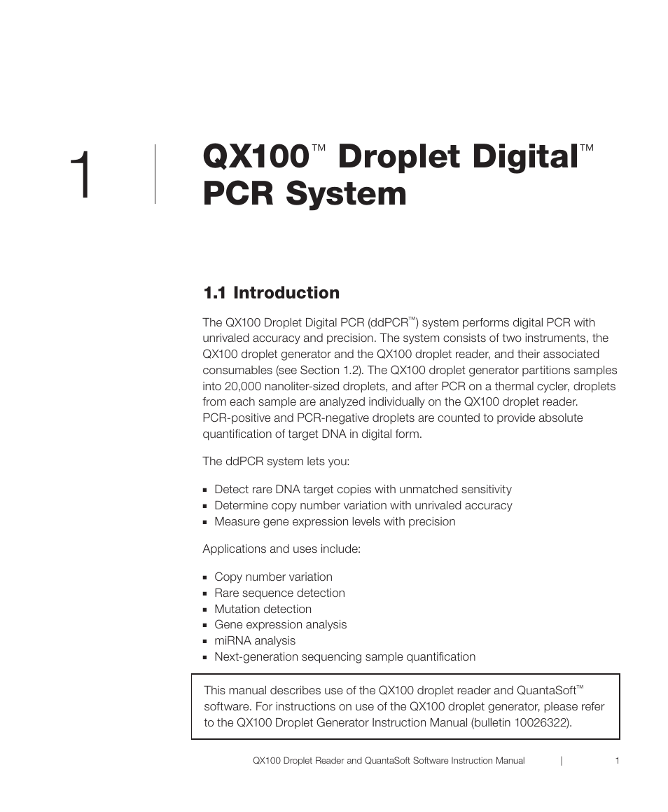 Chapter 1 qx100™ droplet digital™ pcr system, 1 introduction, R 1 qx100 | Droplet digital, Pcr system, Qx100 | Bio-Rad QX100™ Droplet Digital™ PCR System User Manual | Page 7 / 32