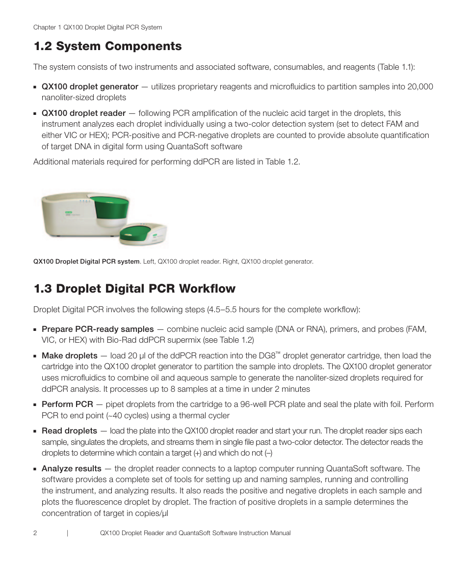 2 system components, 3 droplet digital pcr workflow | Bio-Rad QX100™ Droplet Digital™ PCR System User Manual | Page 8 / 32