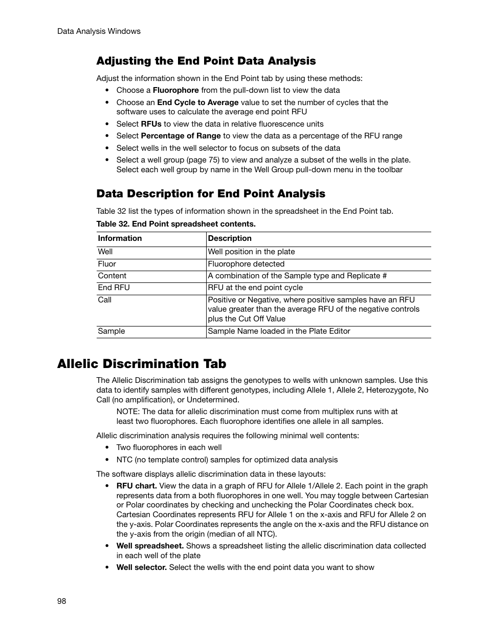 Allelic discrimination tab, Adjusting the end point data analysis, Data description for end point analysis | Bio-Rad Firmware & Software Updates User Manual | Page 111 / 178