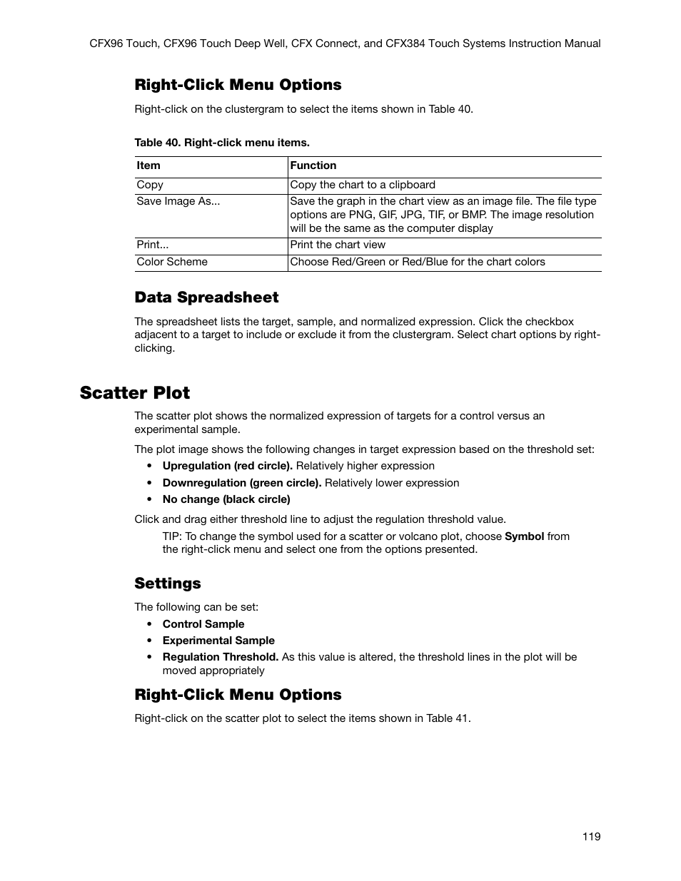 Scatter plot, Right-click menu options, Data spreadsheet | Settings | Bio-Rad Firmware & Software Updates User Manual | Page 132 / 178