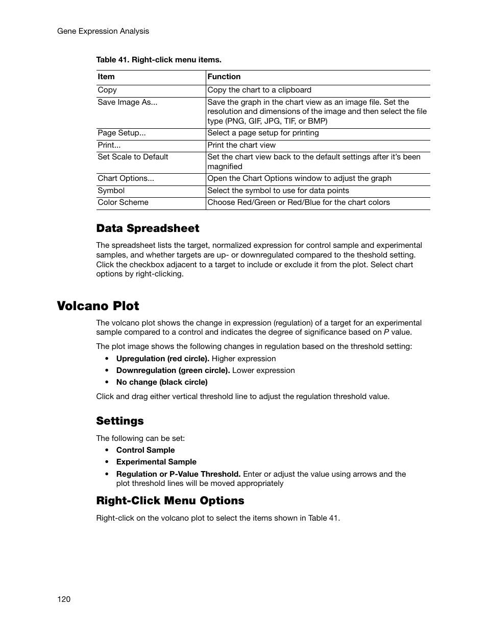 Volcano plot, Data spreadsheet, Settings | Right-click menu options | Bio-Rad Firmware & Software Updates User Manual | Page 133 / 178