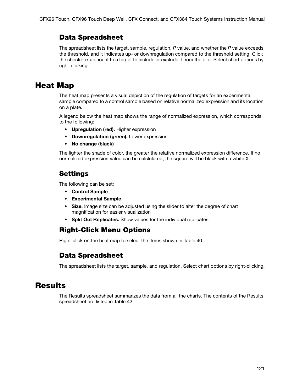 Heat map, Results, Heat map results | Data spreadsheet, Settings, Right-click menu options | Bio-Rad Firmware & Software Updates User Manual | Page 134 / 178