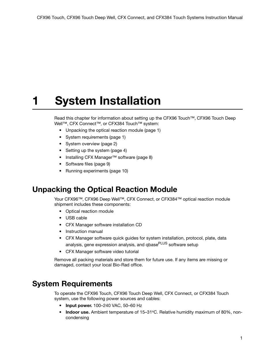 1 system installation, Unpacking the optical reaction module, System requirements | Chapter 1. system installation, 1system installation | Bio-Rad Firmware & Software Updates User Manual | Page 14 / 178