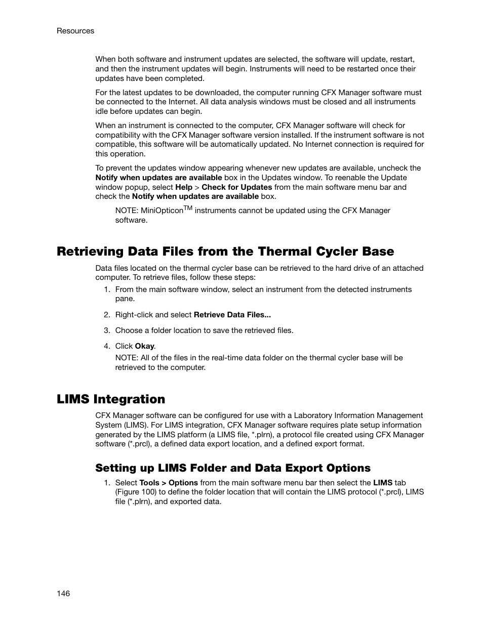 Retrieving data files from the thermal cycler base, Lims integration, Setting up lims folder and data export options | Bio-Rad Firmware & Software Updates User Manual | Page 159 / 178