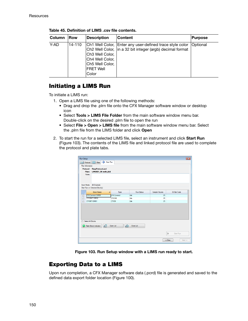 Initiating a lims run, Exporting data to a lims | Bio-Rad Firmware & Software Updates User Manual | Page 163 / 178