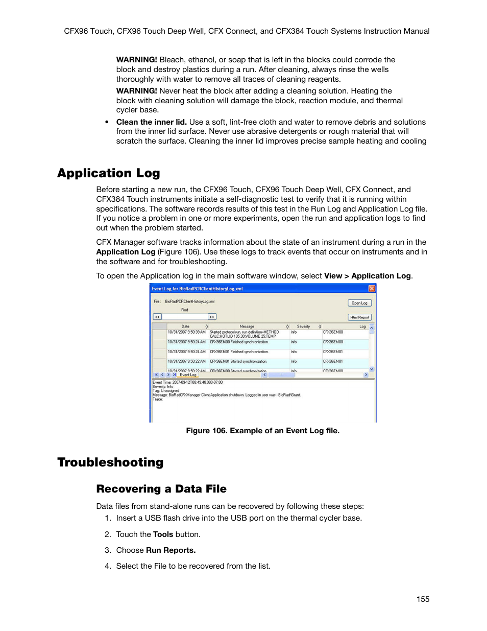 Application log, Troubleshooting, Application log troubleshooting | Recovering a data file | Bio-Rad Firmware & Software Updates User Manual | Page 168 / 178