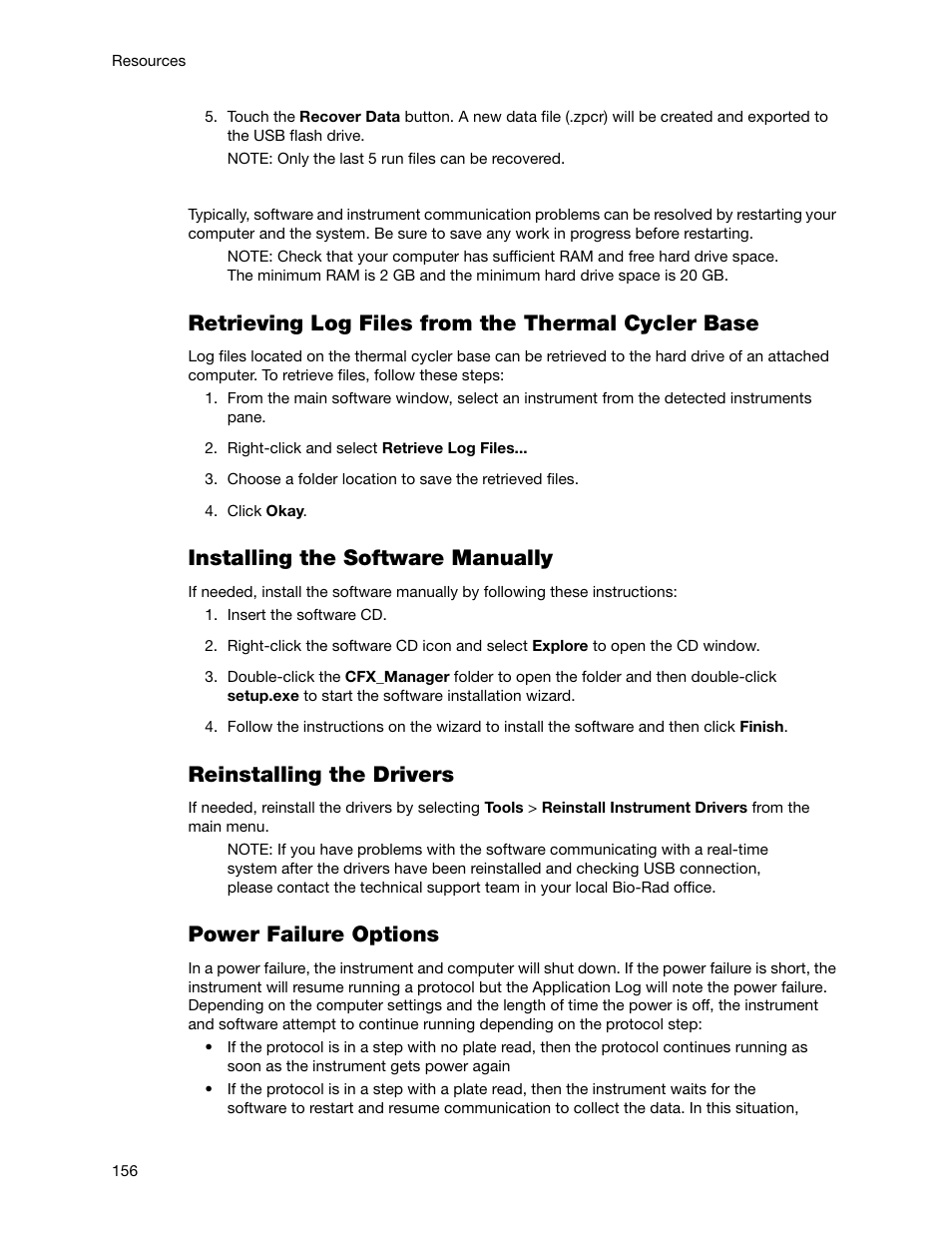 Retrieving log files from the thermal cycler base, Installing the software manually, Reinstalling the drivers | Power failure options | Bio-Rad Firmware & Software Updates User Manual | Page 169 / 178