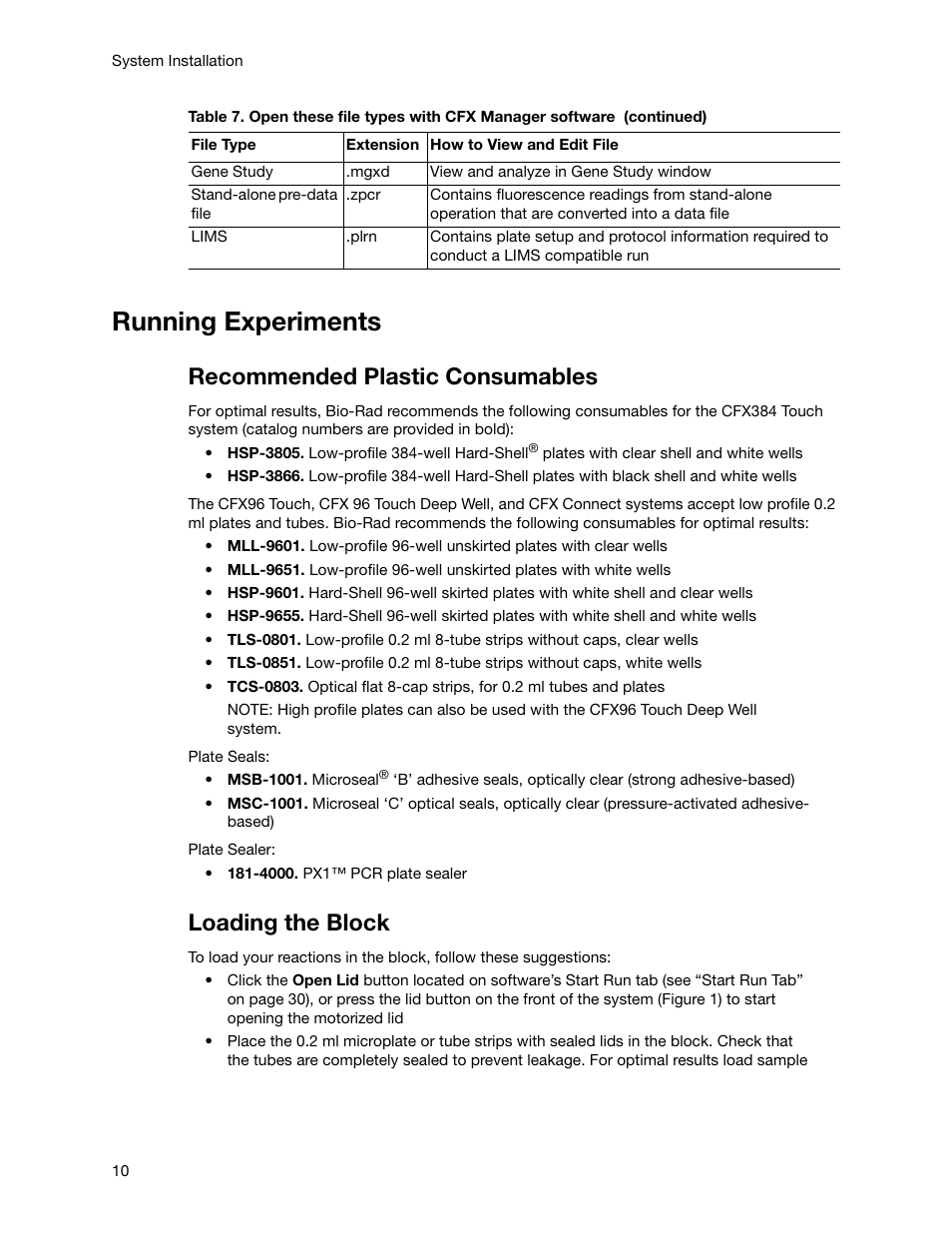 Running experiments, Recommended plastic consumables, Loading the block | Bio-Rad Firmware & Software Updates User Manual | Page 23 / 178