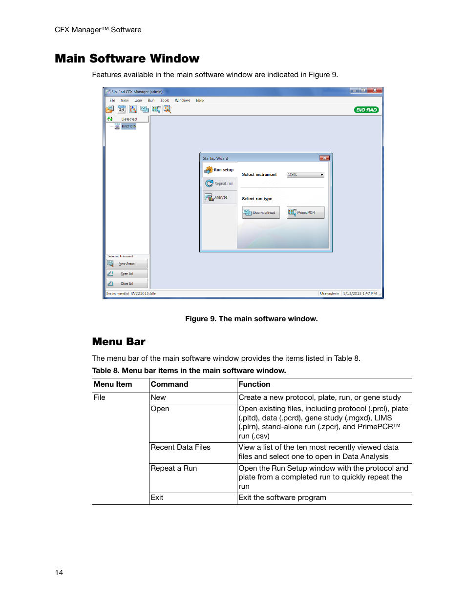 Main software window, Menu bar | Bio-Rad Firmware & Software Updates User Manual | Page 27 / 178