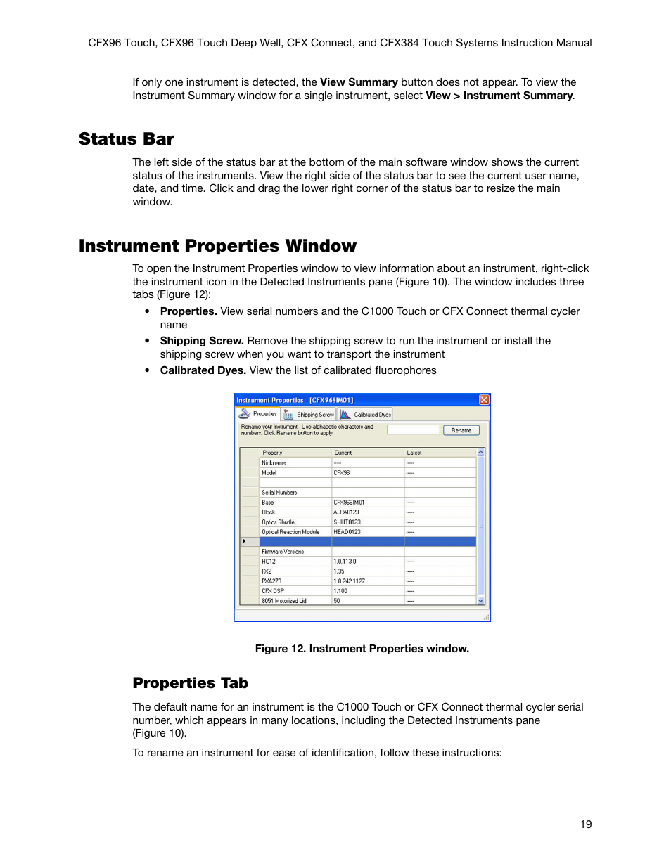 Status bar, Instrument properties window, Status bar instrument properties window | Properties tab | Bio-Rad Firmware & Software Updates User Manual | Page 32 / 178