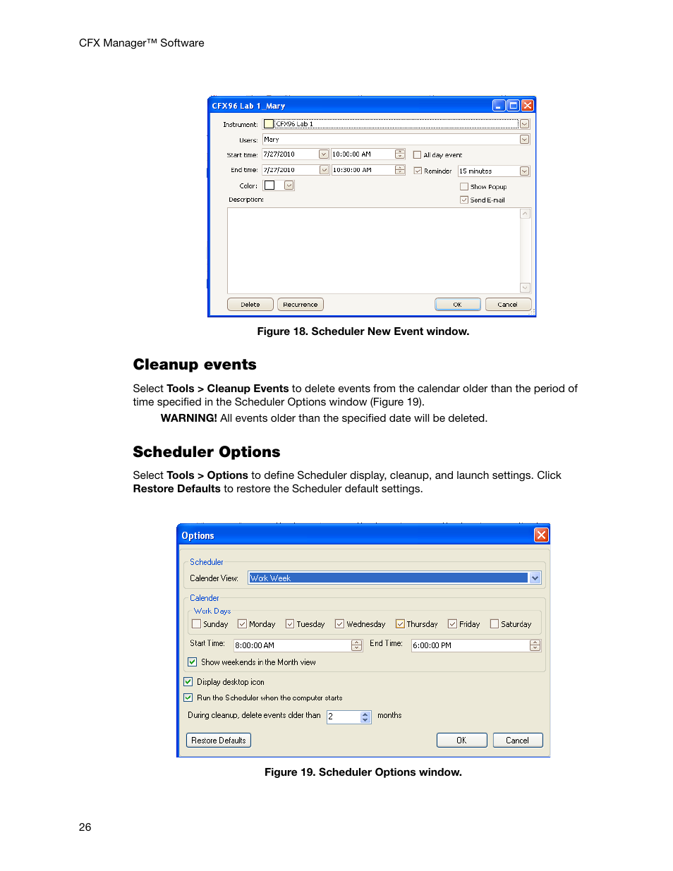 Cleanup events, Scheduler options | Bio-Rad Firmware & Software Updates User Manual | Page 39 / 178