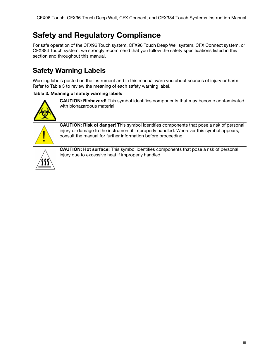 Safety and regulatory compliance, Safety warning labels | Bio-Rad Firmware & Software Updates User Manual | Page 4 / 178