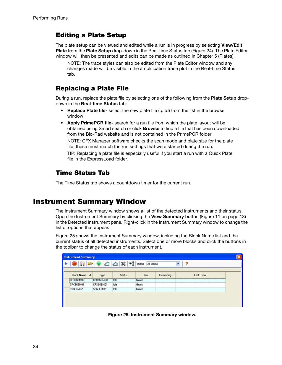 Instrument summary window, Editing a plate setup, Replacing a plate file | Time status tab | Bio-Rad Firmware & Software Updates User Manual | Page 47 / 178