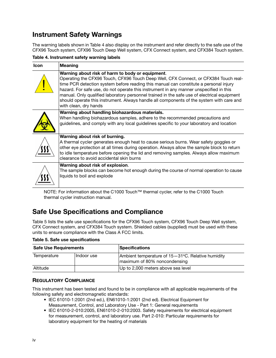 Instrument safety warnings, Safe use specifications and compliance | Bio-Rad Firmware & Software Updates User Manual | Page 5 / 178