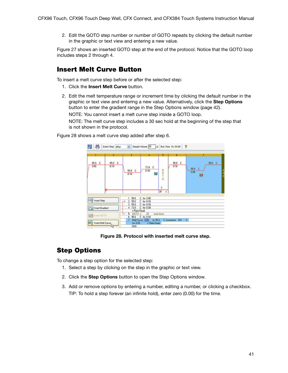 Insert melt curve button, Step options | Bio-Rad Firmware & Software Updates User Manual | Page 54 / 178