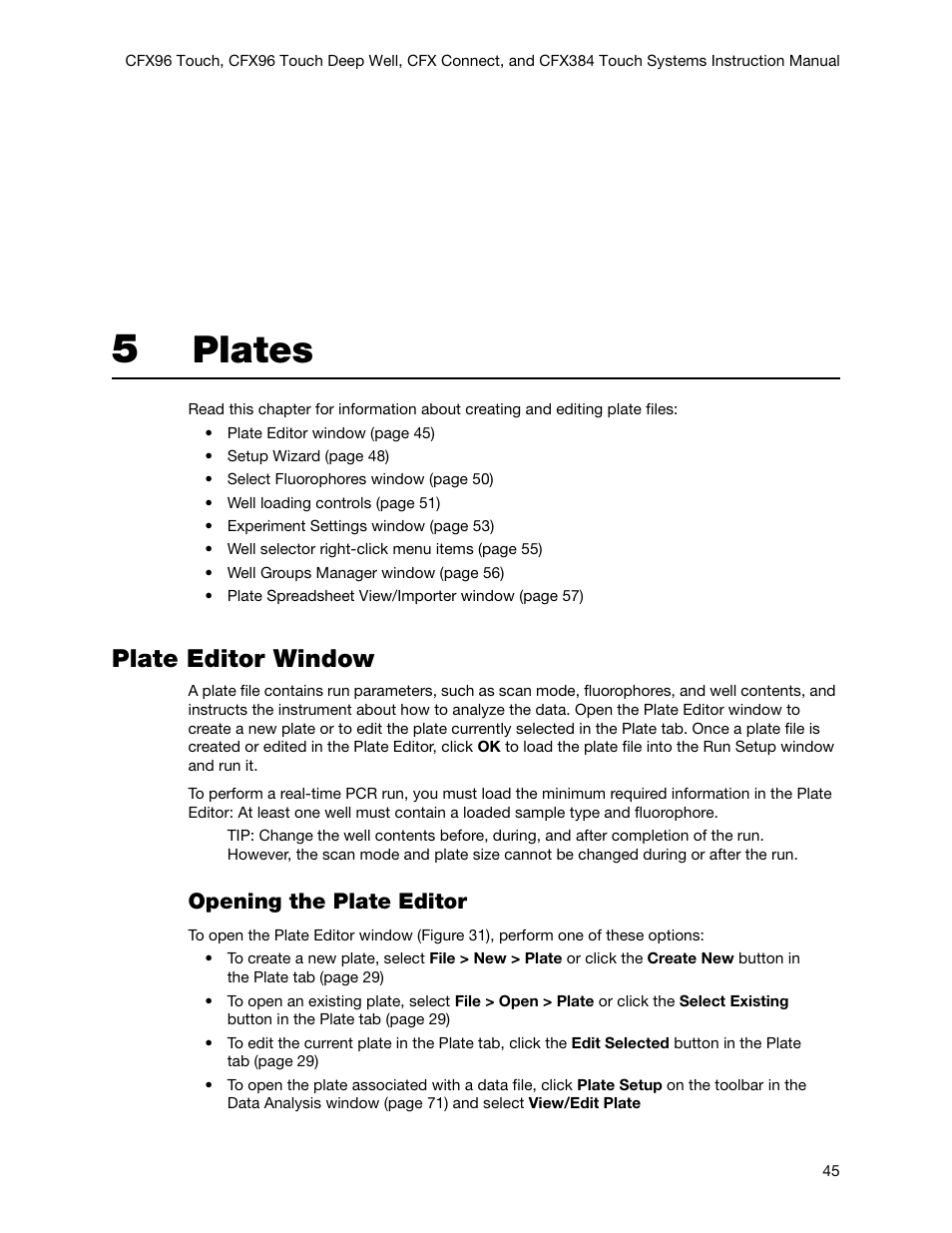 5 plates, Plate editor window, Chapter 5. plates | Plates, Opening the plate editor | Bio-Rad Firmware & Software Updates User Manual | Page 58 / 178