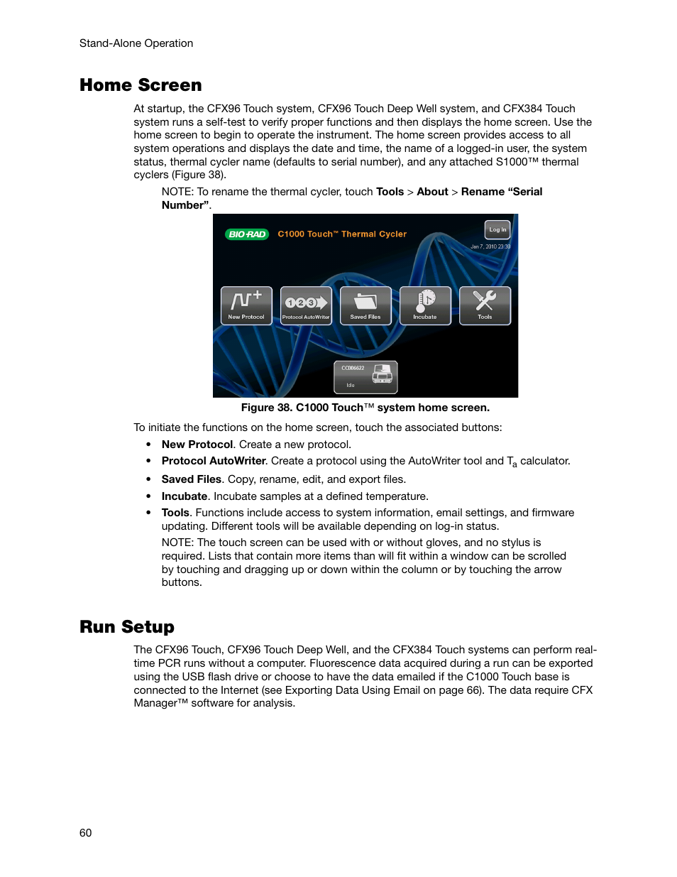 Home screen, Run setup, Home screen run setup | Bio-Rad Firmware & Software Updates User Manual | Page 73 / 178