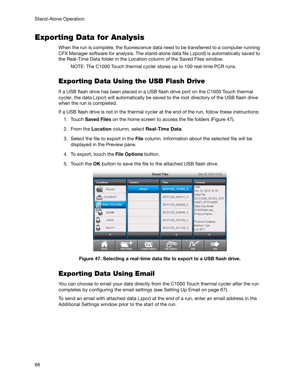 Exporting data for analysis, Exporting data using the usb flash drive, Exporting data using email | Bio-Rad Firmware & Software Updates User Manual | Page 79 / 178