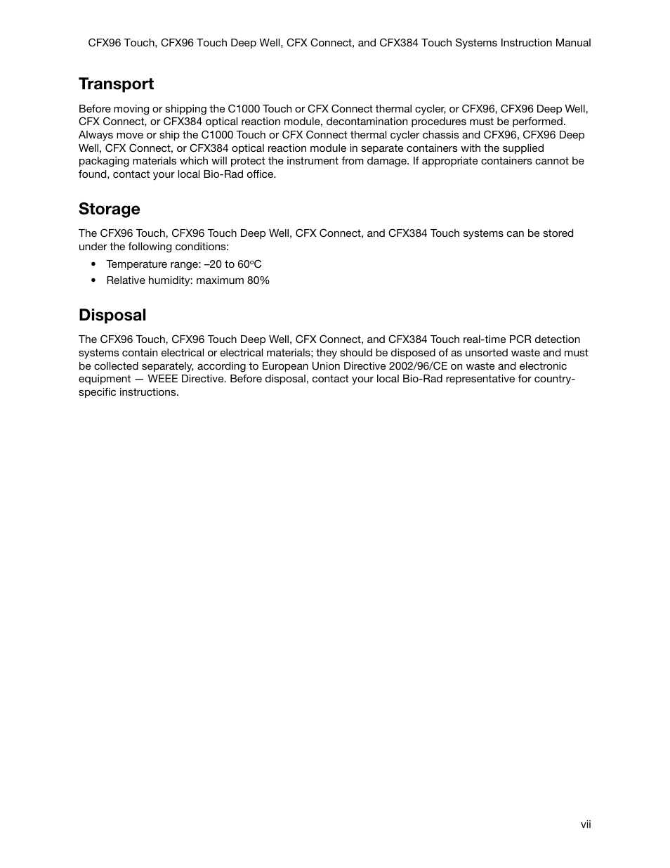 Transport, Storage, Disposal | Bio-Rad Firmware & Software Updates User Manual | Page 8 / 178