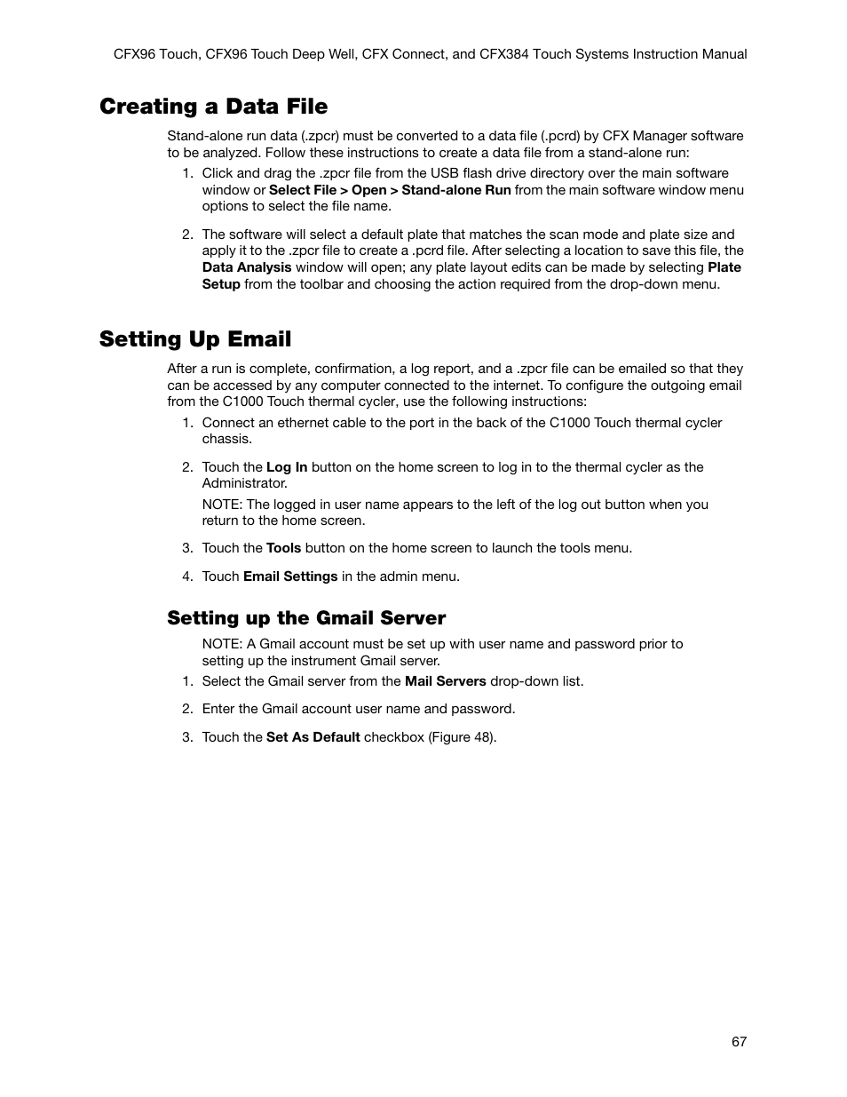 Creating a data file, Setting up email, Creating a data file setting up email | Setting up the gmail server | Bio-Rad Firmware & Software Updates User Manual | Page 80 / 178