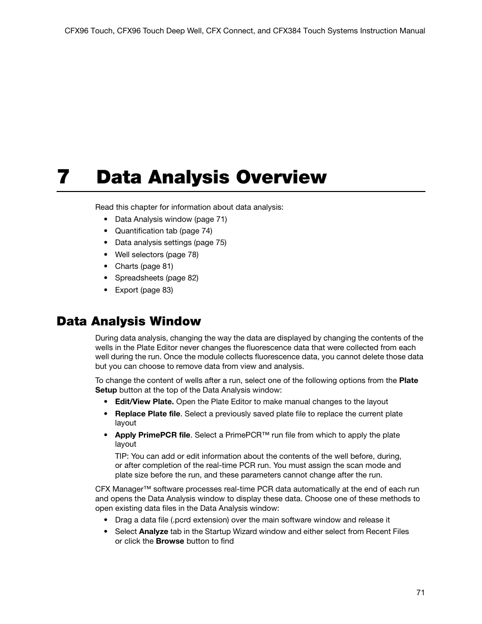 7 data analysis overview, Data analysis window, Chapter 7. data analysis overview | Data analysis overview | Bio-Rad Firmware & Software Updates User Manual | Page 84 / 178