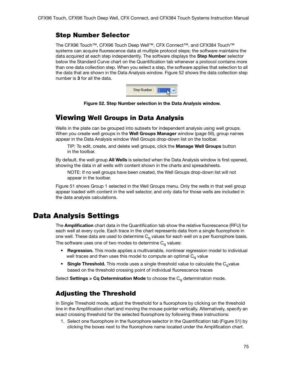 Data analysis settings, Viewing, Step number selector | Well groups in data analysis, Adjusting the threshold | Bio-Rad Firmware & Software Updates User Manual | Page 88 / 178