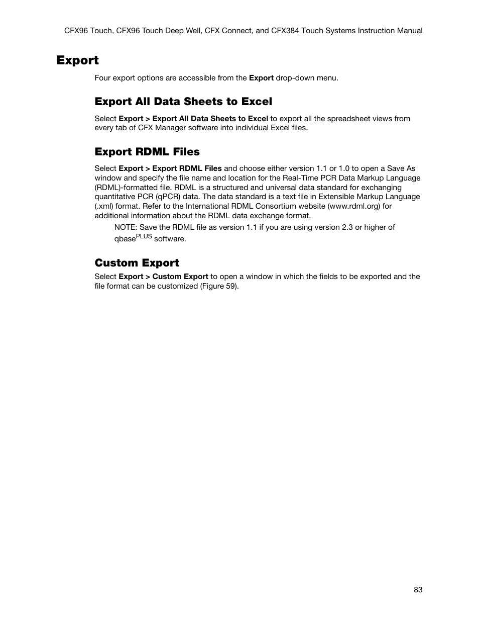 Export, Export all data sheets to excel, Export rdml files | Custom export | Bio-Rad Firmware & Software Updates User Manual | Page 96 / 178