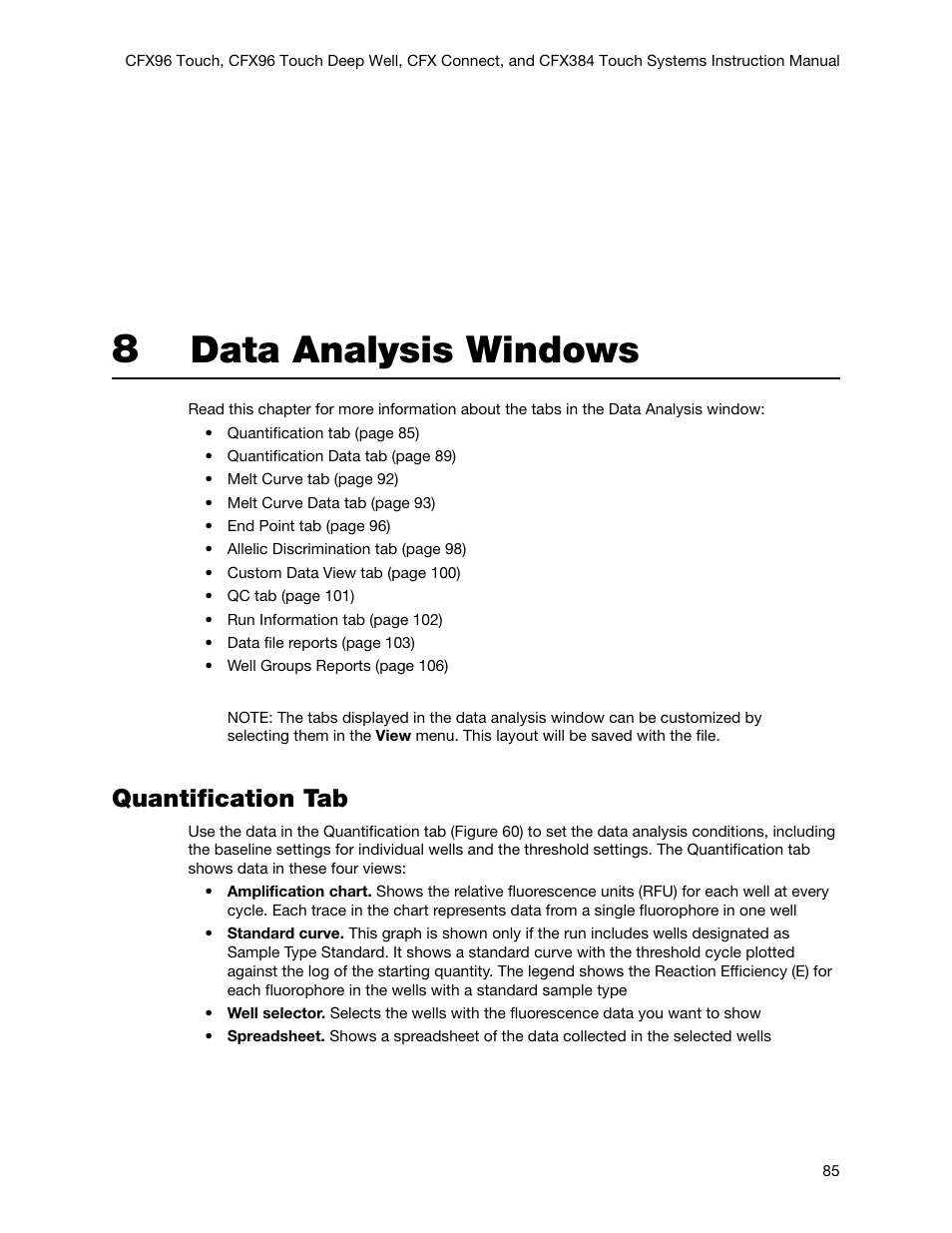 8 data analysis windows, Quantification tab, Chapter 8. data analysis windows | Data analysis windows | Bio-Rad Firmware & Software Updates User Manual | Page 98 / 178