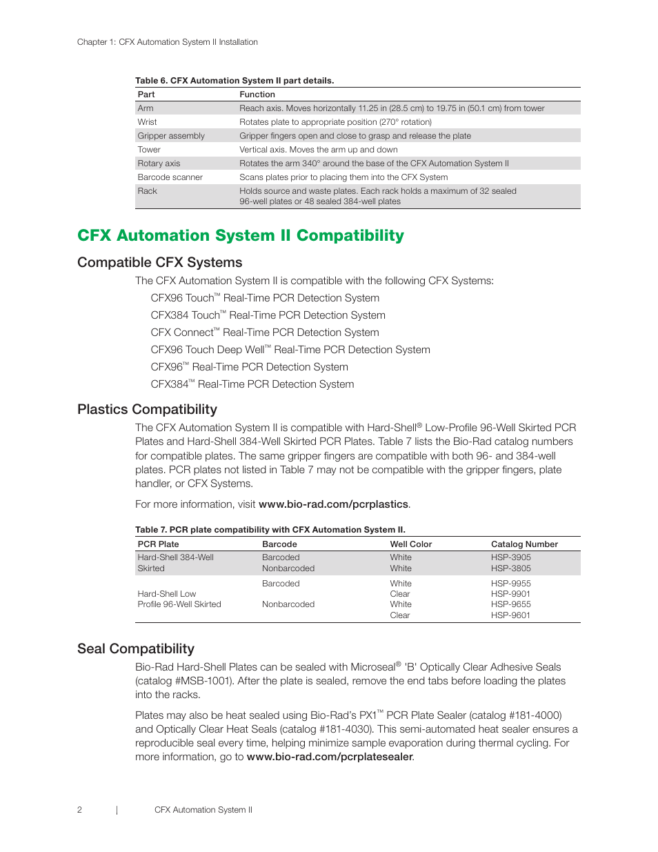 Cfx automation system ii compatibility, Compatible cfx systems, Plastics compatibility | Seal compatibility | Bio-Rad CFX Automation System II User Manual | Page 10 / 48
