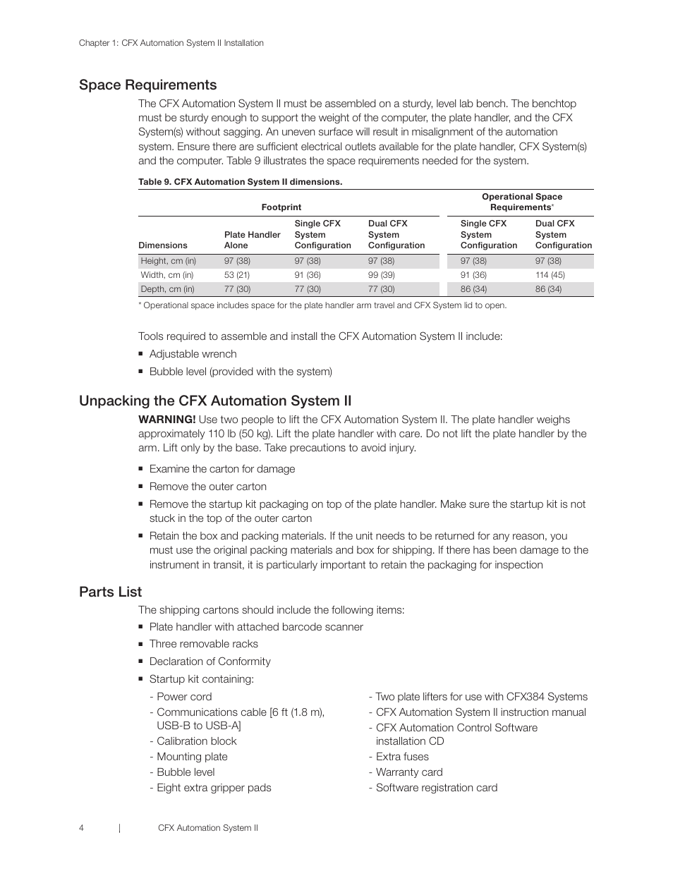 Space requirements, Unpacking the cfx automation system ii, Parts list | Bio-Rad CFX Automation System II User Manual | Page 12 / 48