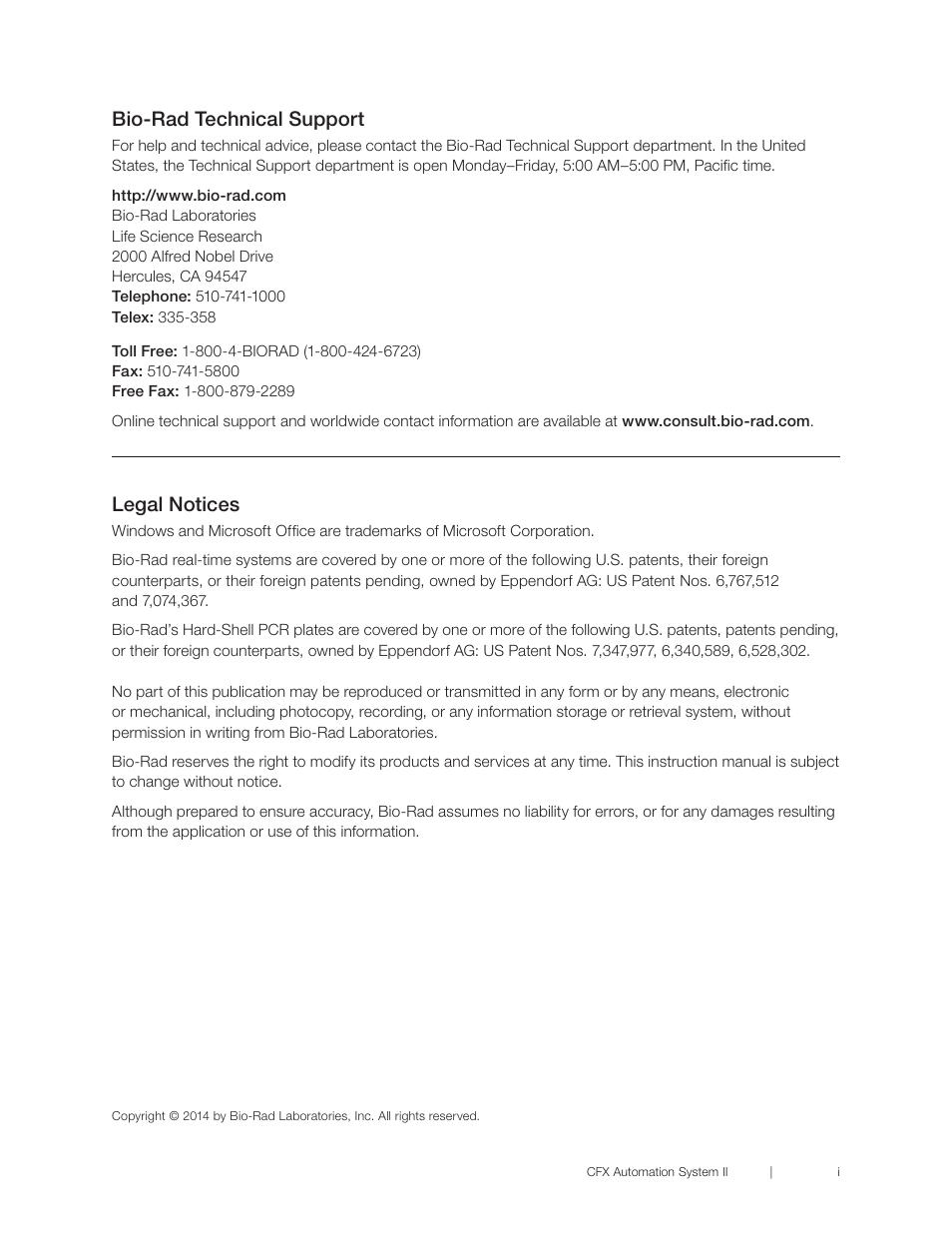 Legal notices, Bio-rad technical support | Bio-Rad CFX Automation System II User Manual | Page 3 / 48