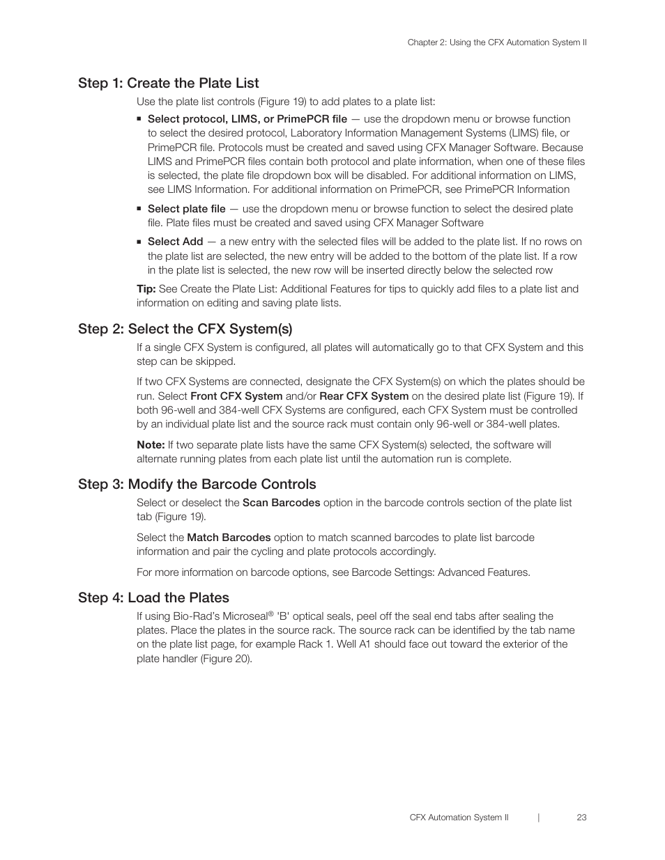 Step 1: create the plate list, Step 2: select the cfx system(s), Step 3: modify the barcode controls | Step 4: load the plates | Bio-Rad CFX Automation System II User Manual | Page 31 / 48