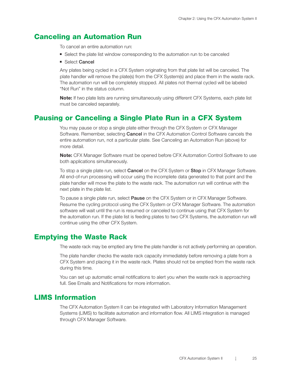 Canceling an automation run, Emptying the waste rack, Lims information | Bio-Rad CFX Automation System II User Manual | Page 33 / 48