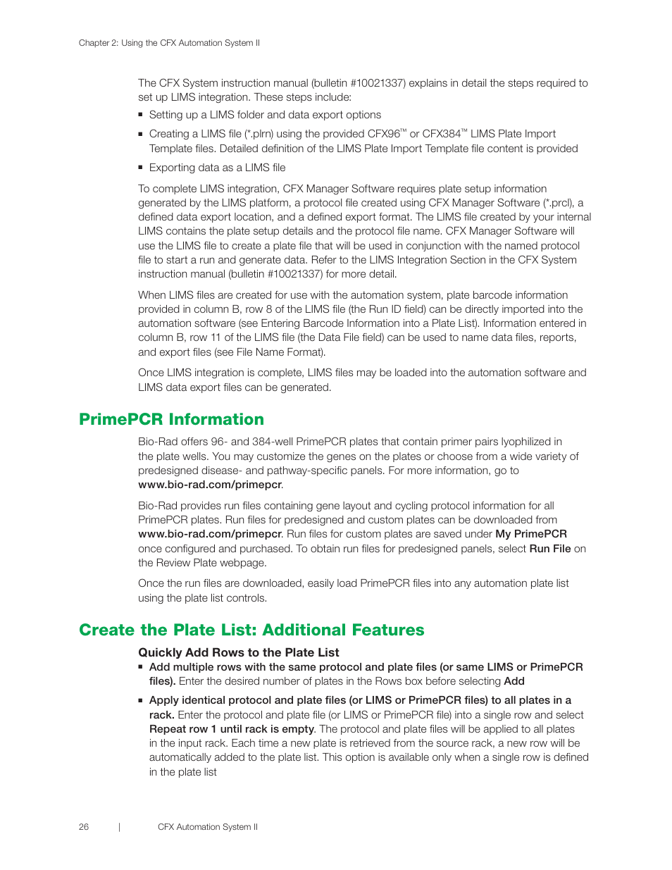 Primepcr information, Create the plate list: additional features, Primepcr | Information, E create the plate list: additional features f, Quickly add rows to the plate list | Bio-Rad CFX Automation System II User Manual | Page 34 / 48