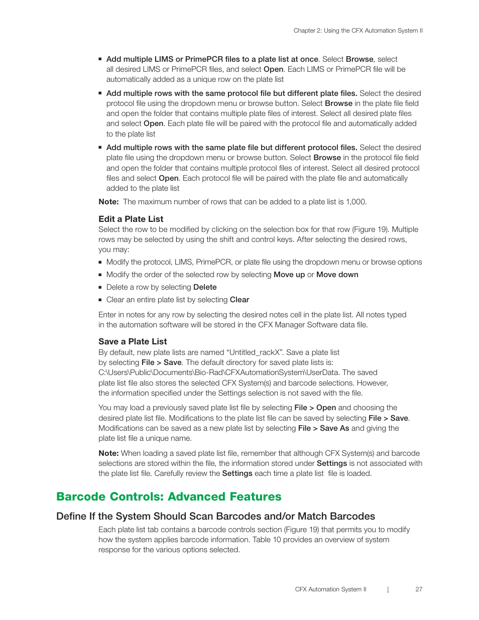 Barcode controls: advanced features, Barcode settings: advanced features, Edit a plate list | Save a plate list | Bio-Rad CFX Automation System II User Manual | Page 35 / 48