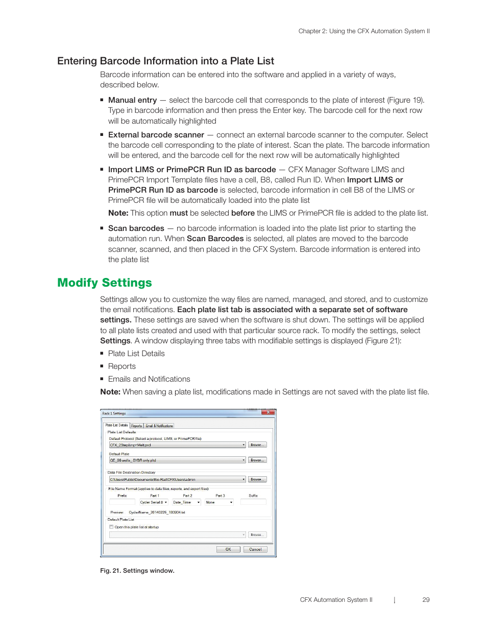 Modify settings, Entering barcode information into a plate list, Plate list details | Reports | Bio-Rad CFX Automation System II User Manual | Page 37 / 48