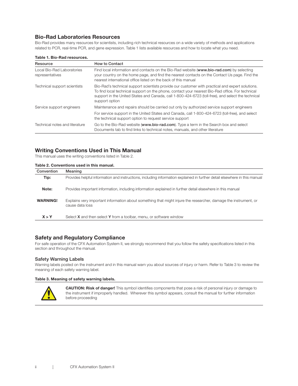 Bio-rad laboratories resources, Writing conventions used in this manual, Safety and regulatory compliance | Bio-Rad CFX Automation System II User Manual | Page 4 / 48