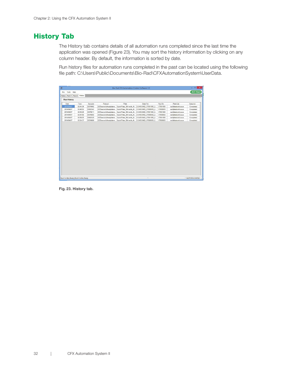 History tab | Bio-Rad CFX Automation System II User Manual | Page 40 / 48