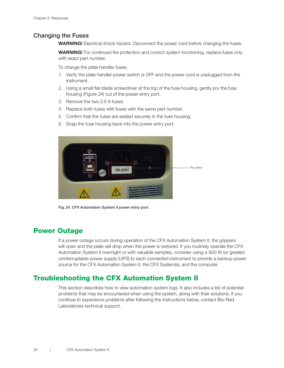 Power outage, Troubleshooting the cfx automation system ii, Changing the fuses | Bio-Rad CFX Automation System II User Manual | Page 42 / 48