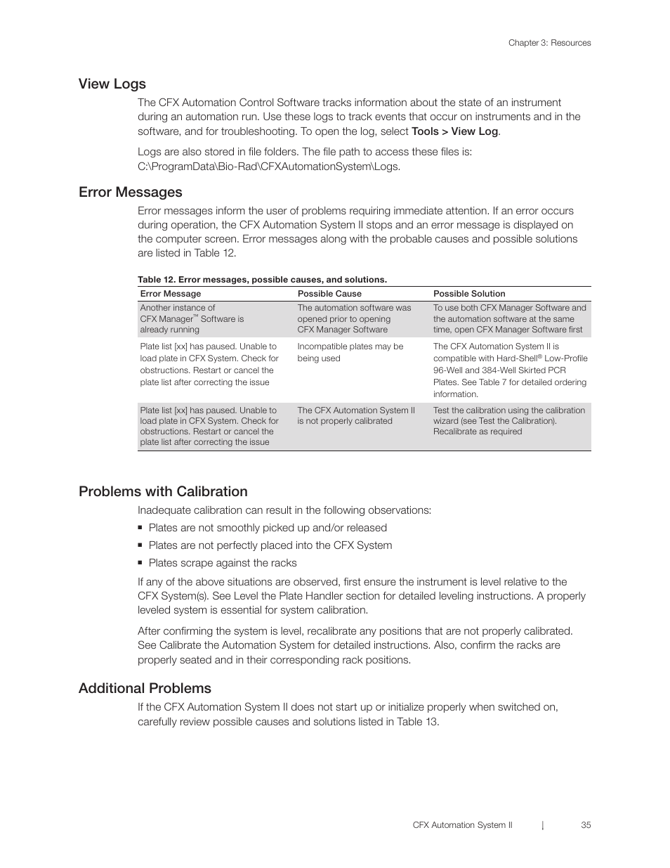 View logs, Error messages, Problems with calibration | Additional problems | Bio-Rad CFX Automation System II User Manual | Page 43 / 48