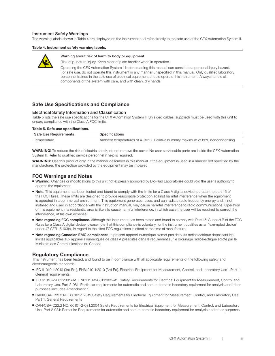 Safe use specifications and compliance, Regulatory compliance | Bio-Rad CFX Automation System II User Manual | Page 5 / 48