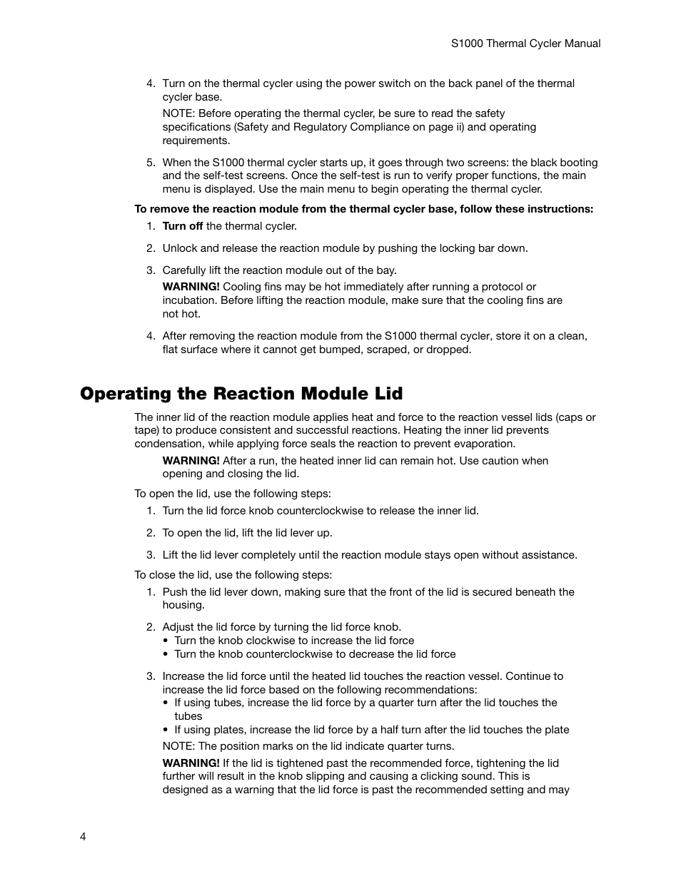 Operating the reaction module lid | Bio-Rad S1000™ Thermal Cycler User Manual | Page 13 / 41