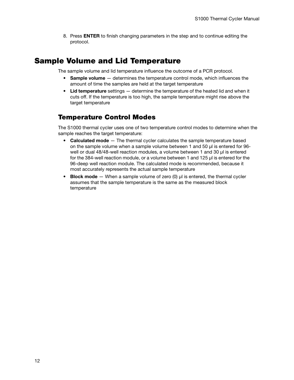 Sample volume and lid temperature, Temperature control modes | Bio-Rad S1000™ Thermal Cycler User Manual | Page 21 / 41