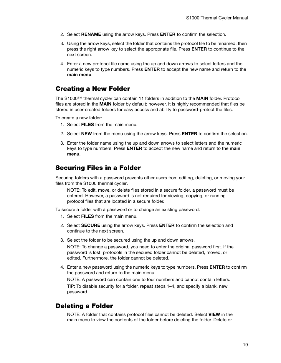 Creating a new folder, Securing files in a folder, Deleting a folder | Bio-Rad S1000™ Thermal Cycler User Manual | Page 28 / 41