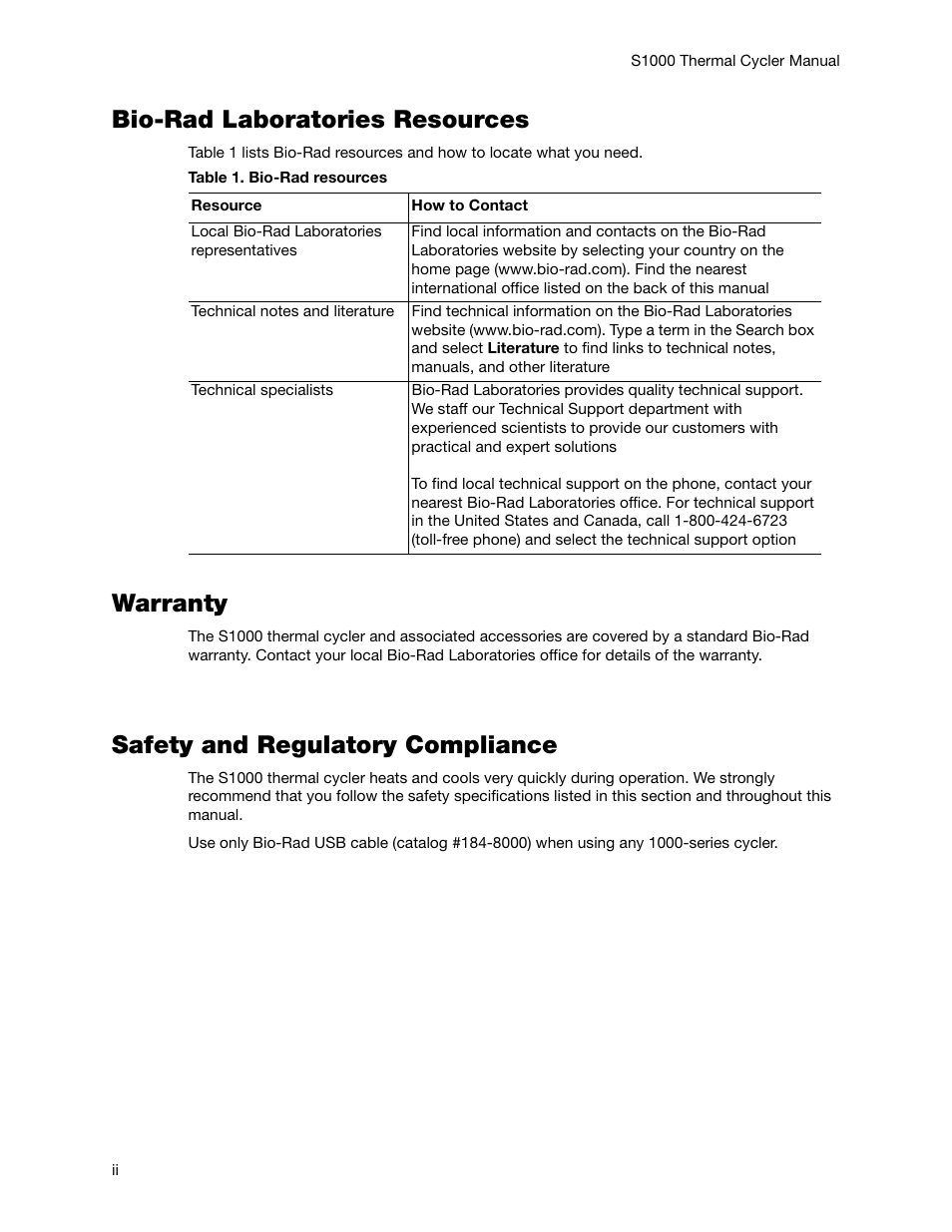 Bio-rad laboratories resources, Warranty, Safety and regulatory compliance | Bio-Rad S1000™ Thermal Cycler User Manual | Page 3 / 41